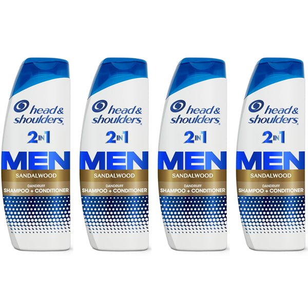 Four bottles of Head & Shoulders Mens Dandruff Shampoo Sandalwood, 12.5oz each, from the 4 Pack are lined up side by side.